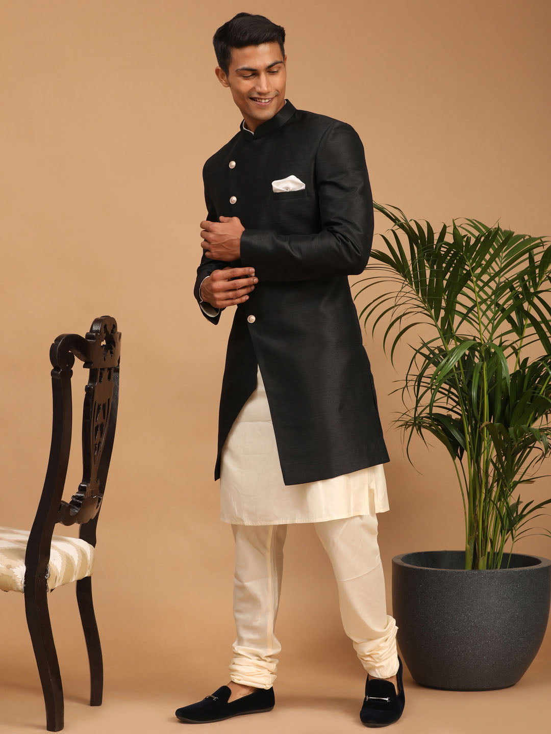 Men's Cream Viscose Straight Sherwani Set