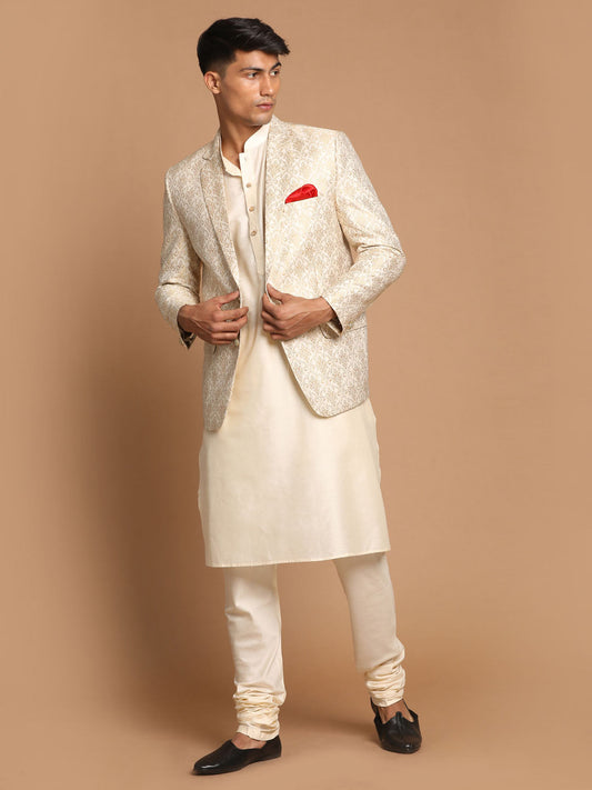 Men's Cream Viscose Straight Jacket  Kurta and Pyjama Set