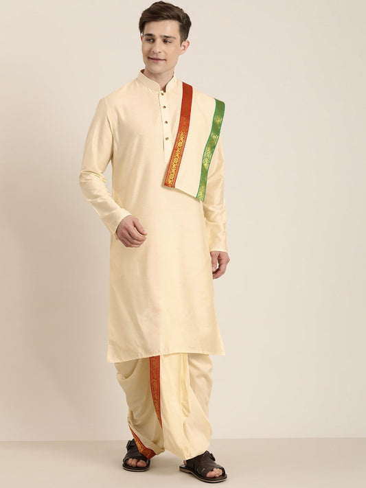 Men's Cream Viscose Straight Kurta Dhoti And Dupatta Set