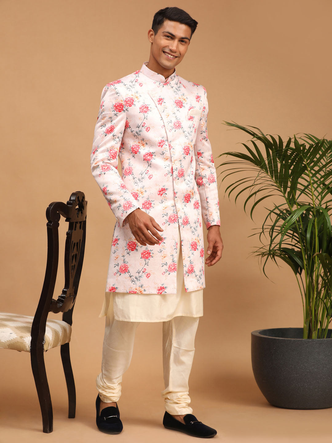 Men's Cream Silk Blend Straight Sherwani Set