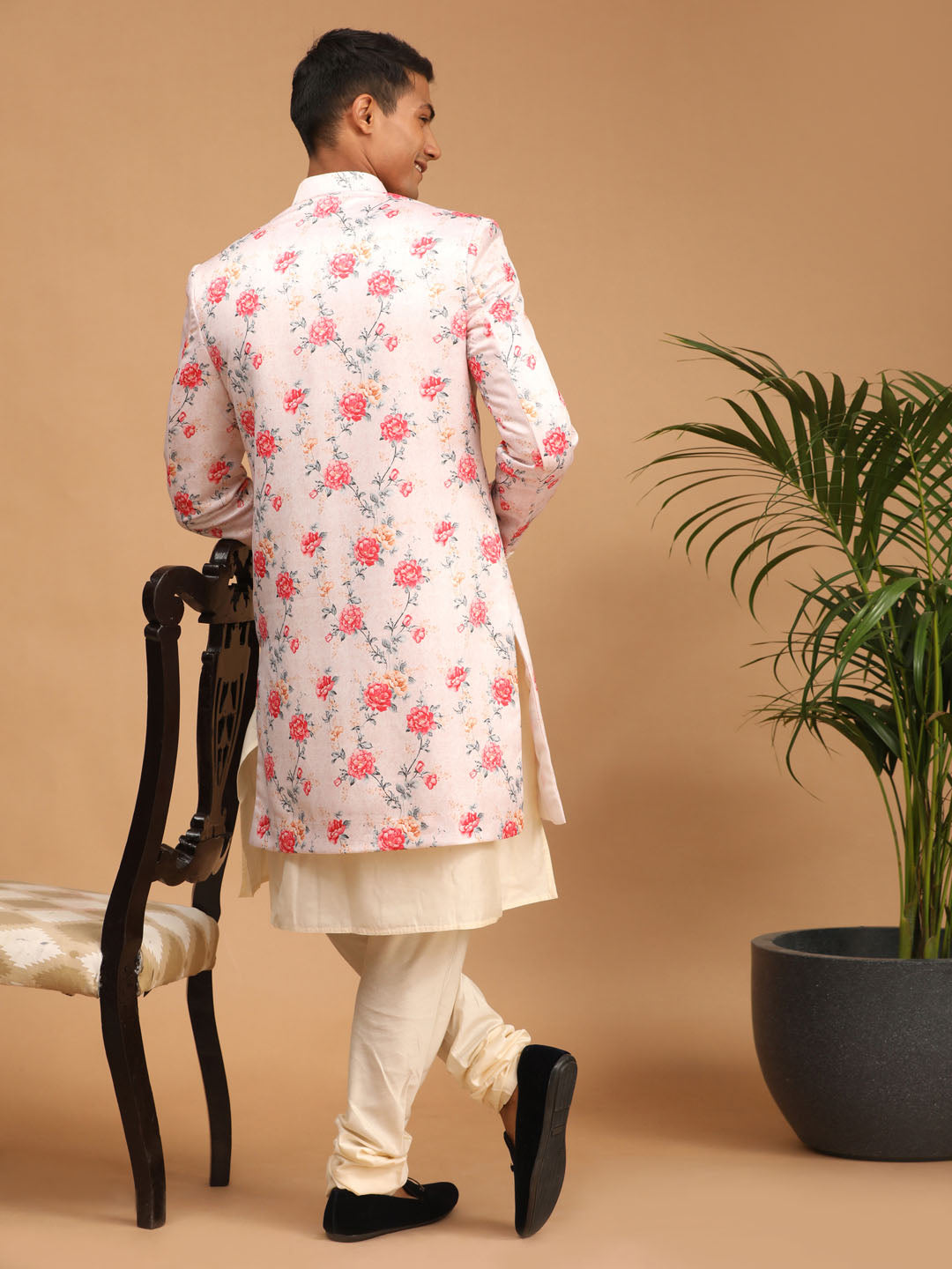 Men's Cream Silk Blend Straight Sherwani Set