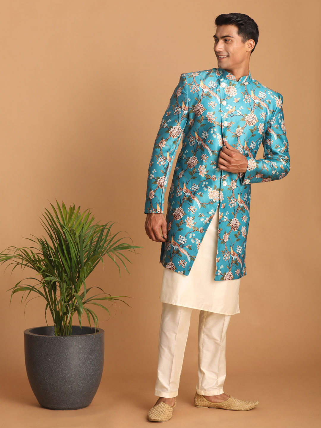 Men's Cream Silk Blend Straight Sherwani Set