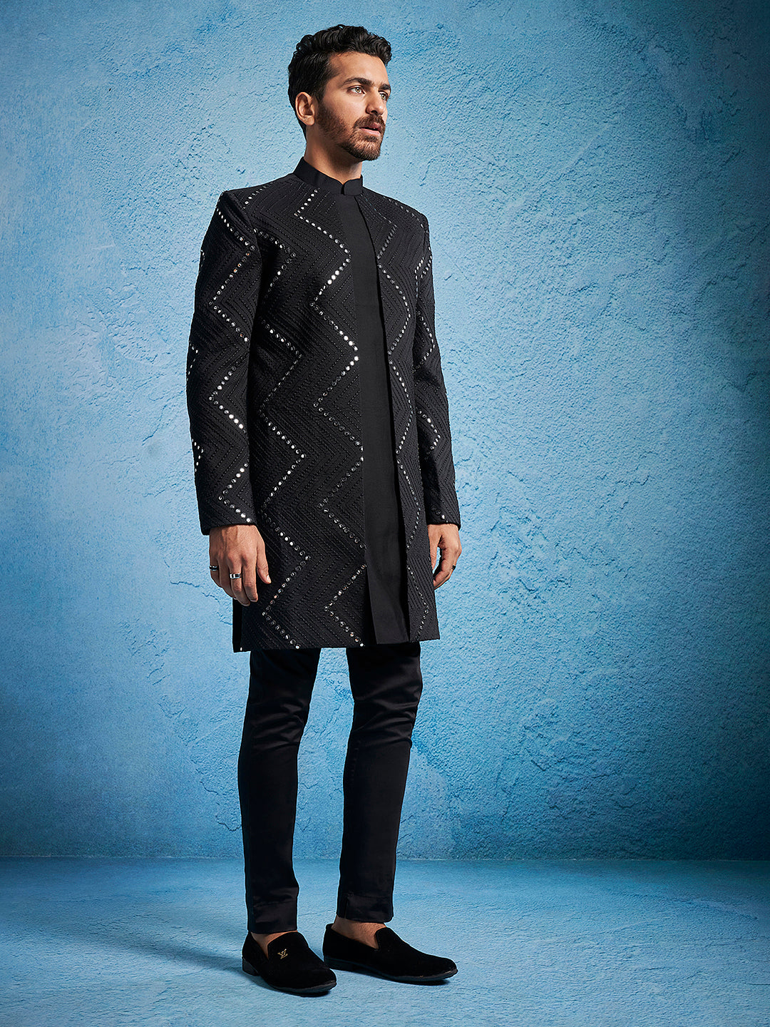 Men's Black Viscose Straight Sherwani Set