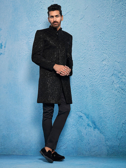 Men's Black Velvet Straight Sherwani Set
