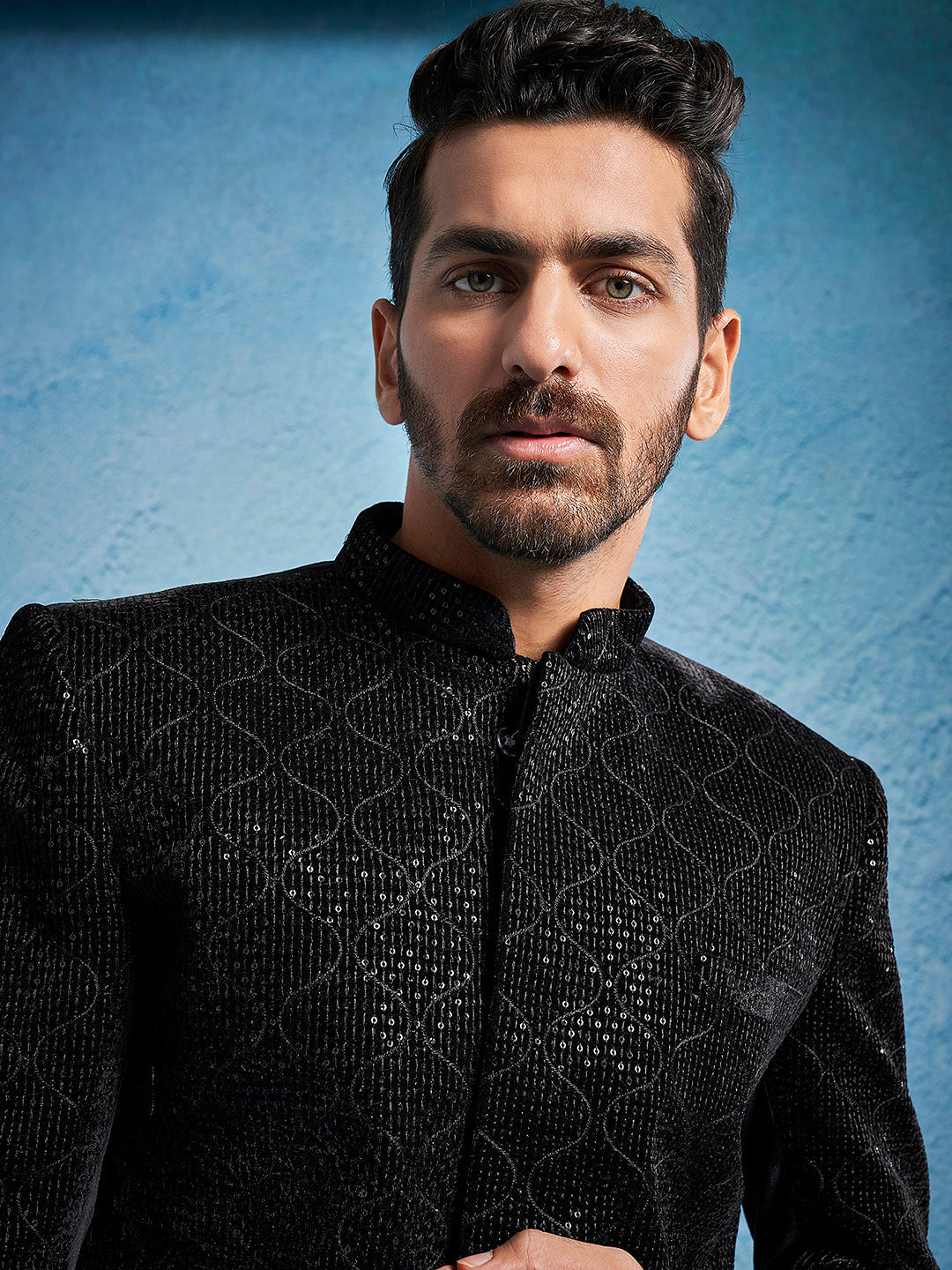 Men's Black Velvet Straight Sherwani Set