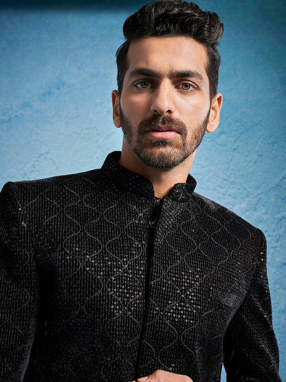 Men's Black Velvet Straight Sherwani Set