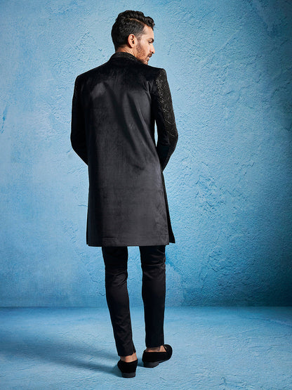 Men's Black Velvet Straight Sherwani Set