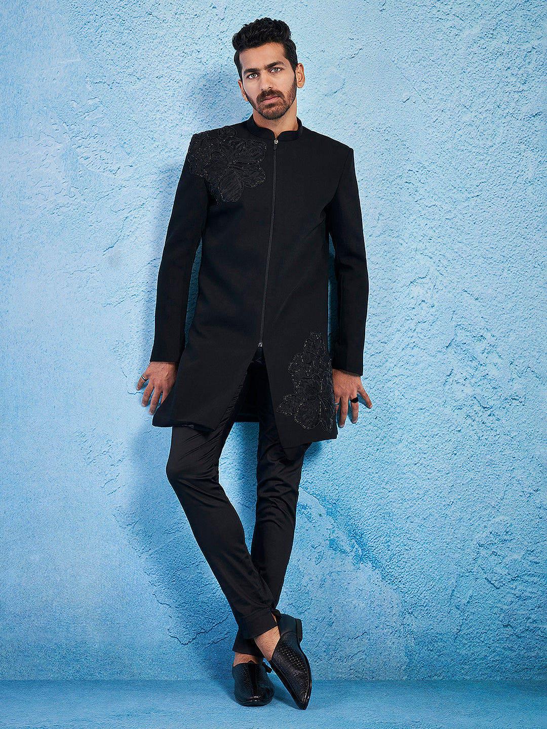 Men's Black Imported Suiting Lycra Straight Sherwani Set