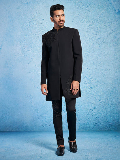 Men's Black Imported Suiting Lycra Straight Sherwani Set