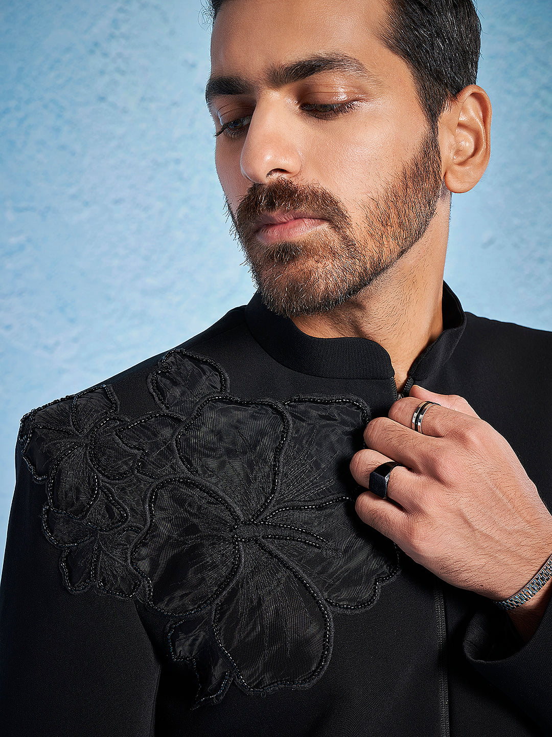 Men's Black Imported Suiting Lycra Straight Sherwani Set