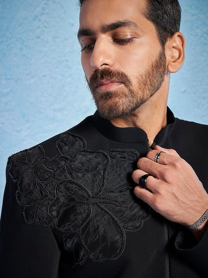 Men's Black Imported Suiting Lycra Straight Sherwani Set