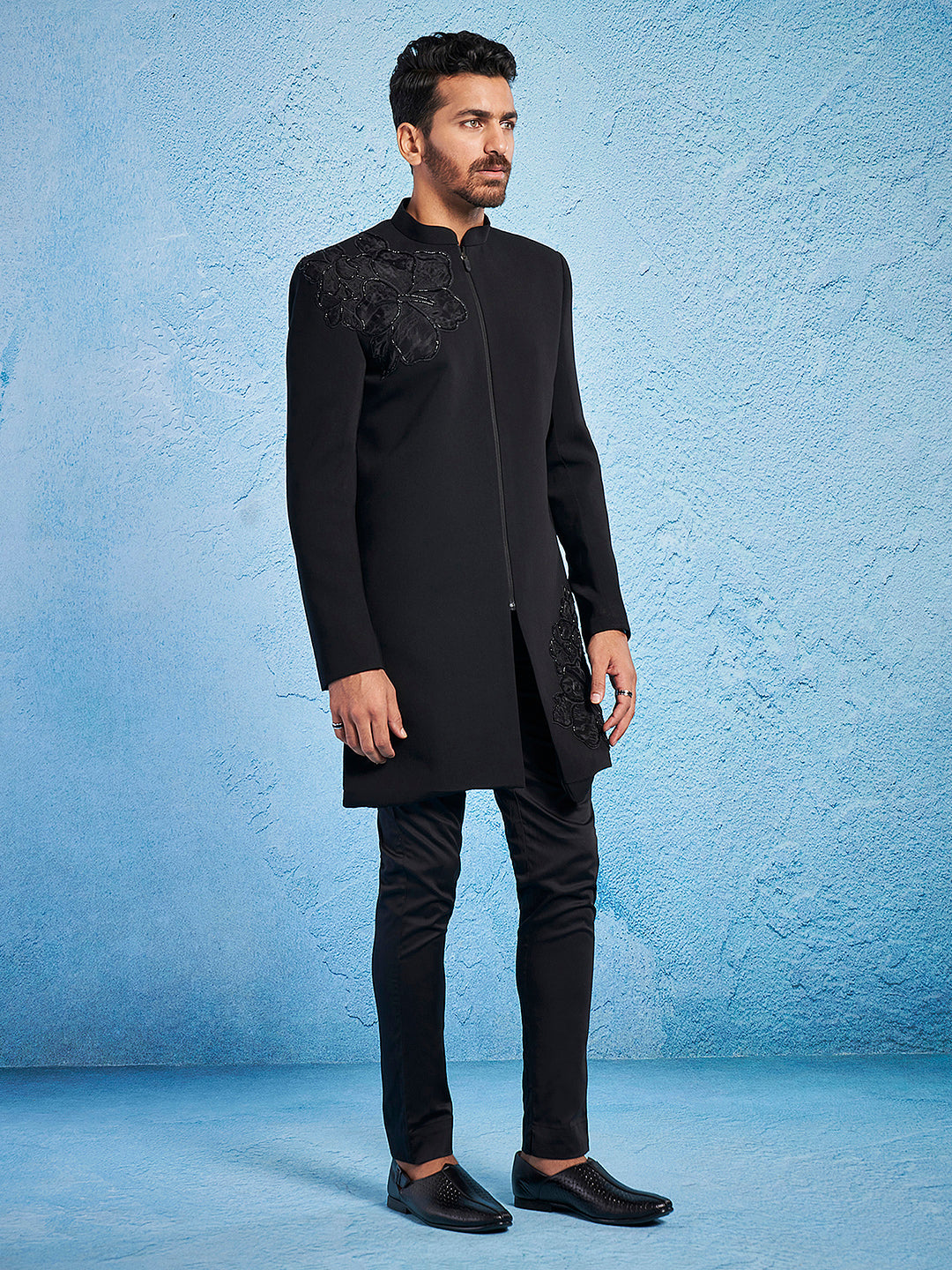 Men's Black Imported Suiting Lycra Straight Sherwani Set