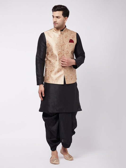 Men's Black Silk Blend Straight Jacket  Kurta and Dhoti Set