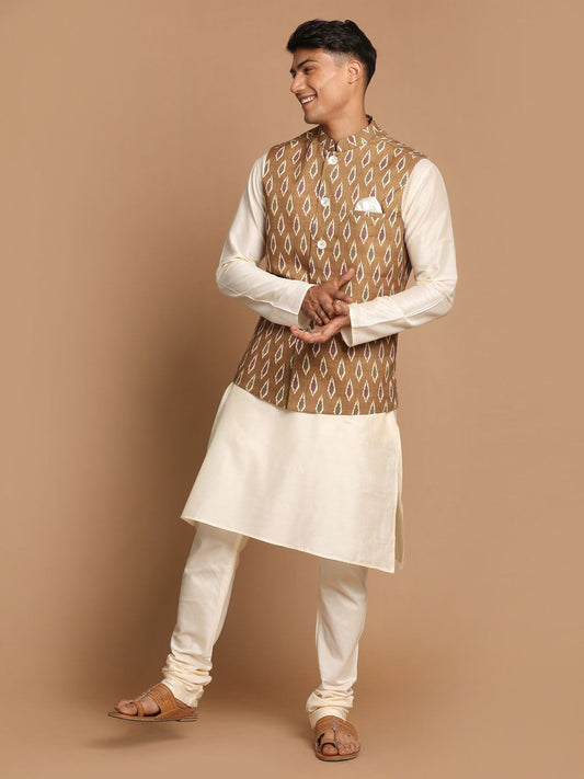 Men's Cream Viscose Straight Jacket  Kurta and Pyjama Set