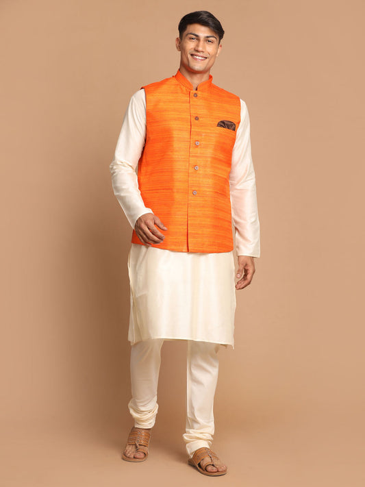 Men's Cream Viscose Straight Jacket  Kurta and Pyjama Set