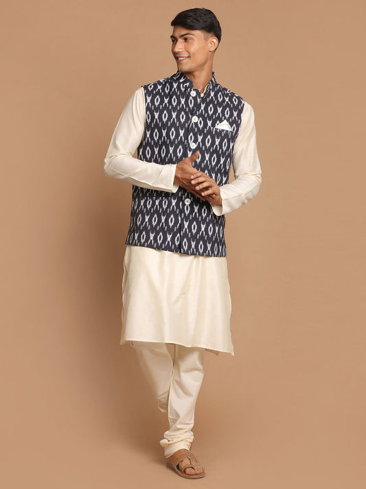 Men's Cream Viscose Straight Jacket  Kurta and Pyjama Set