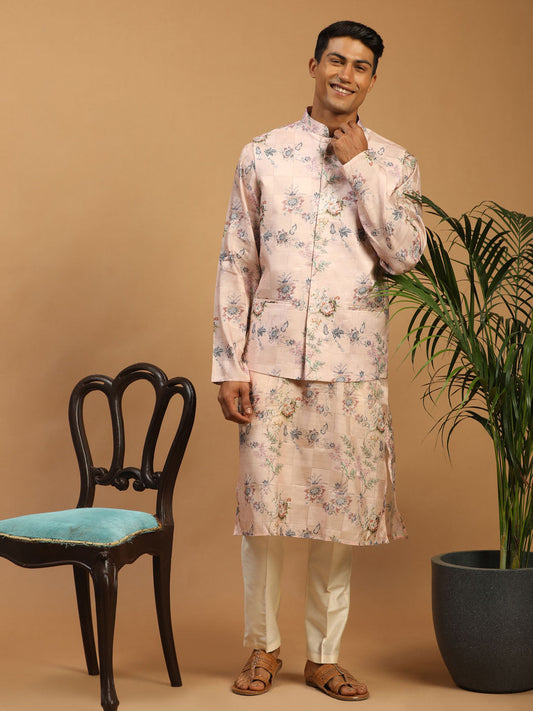 Men's MulticolorBasePeach Cotton Blend Straight Jacket  Kurta and Pyjama Set