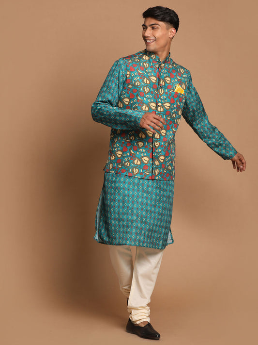 Men's Green Cotton Blend Straight Jacket  Kurta and Pyjama Set