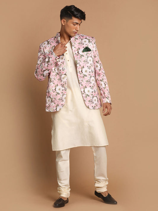 Men's Cream Viscose Straight Jacket  Kurta and Pyjama Set