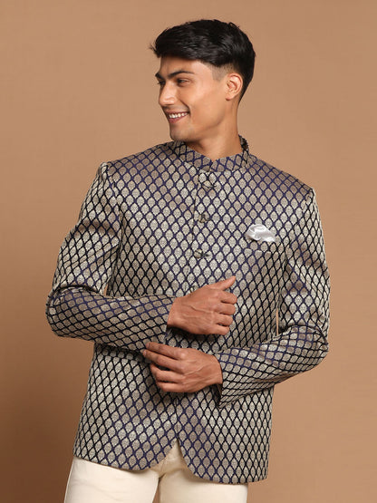 Men's Navy Blue Silk Blend Straight Jodhpuri