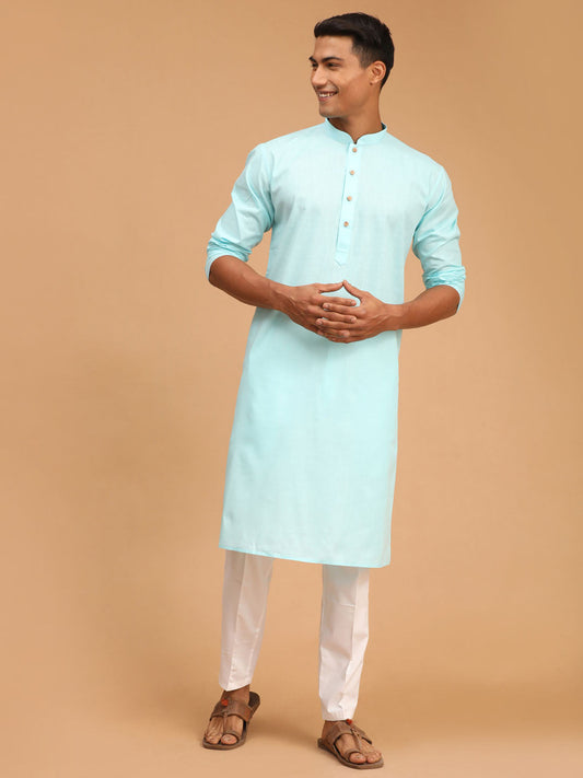Men's Aqua Cotton Linen Straight Kurta Pyjama Set