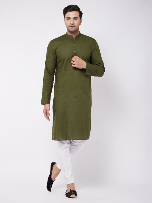 Men's Green Cotton Linen Straight Kurta Pyjama Set