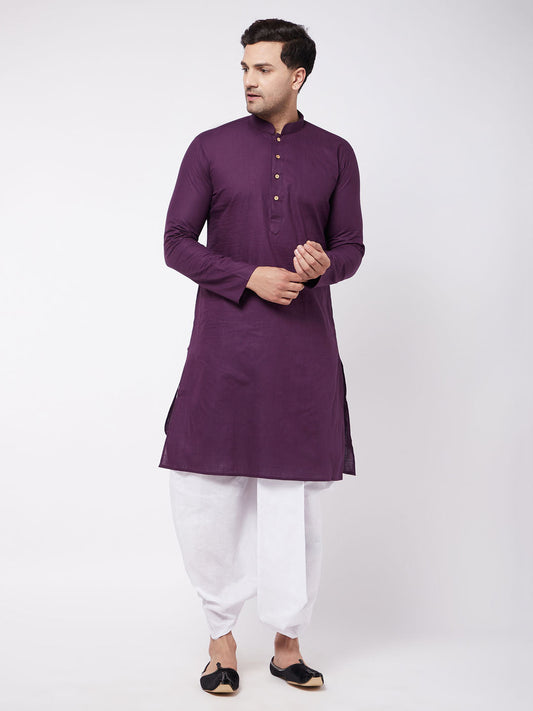 Men's Purple Cotton Blend Straight Kurta and Dhoti Set
