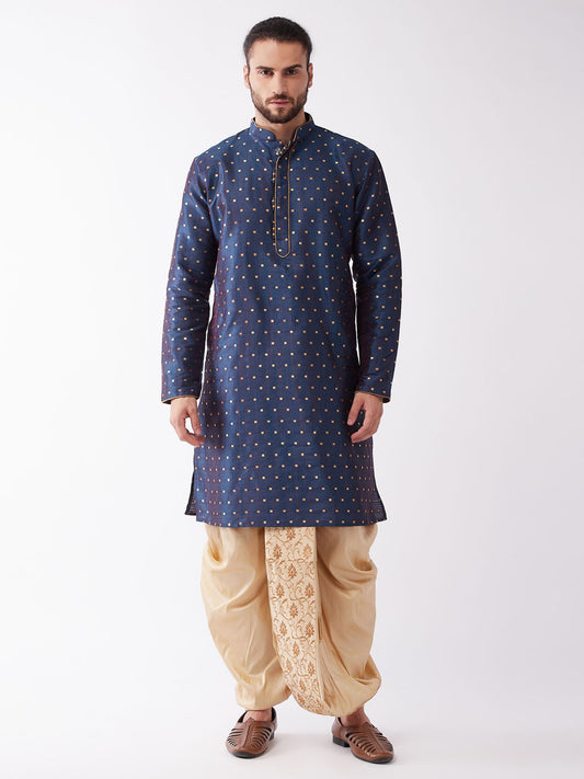Men's Blue Silk Blend Straight Kurta and Dhoti Set