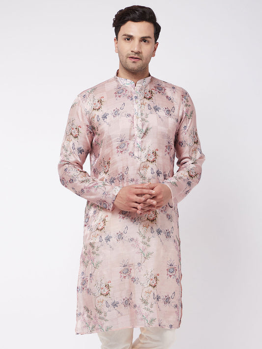 Men's MulticolorBasePink Cotton Blend Straight Kurta Pyjama Set