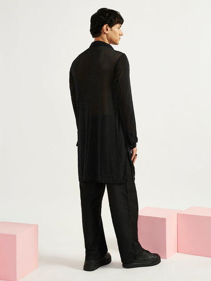 Men's Black Lycra Straight Kurta And Pyjama Set