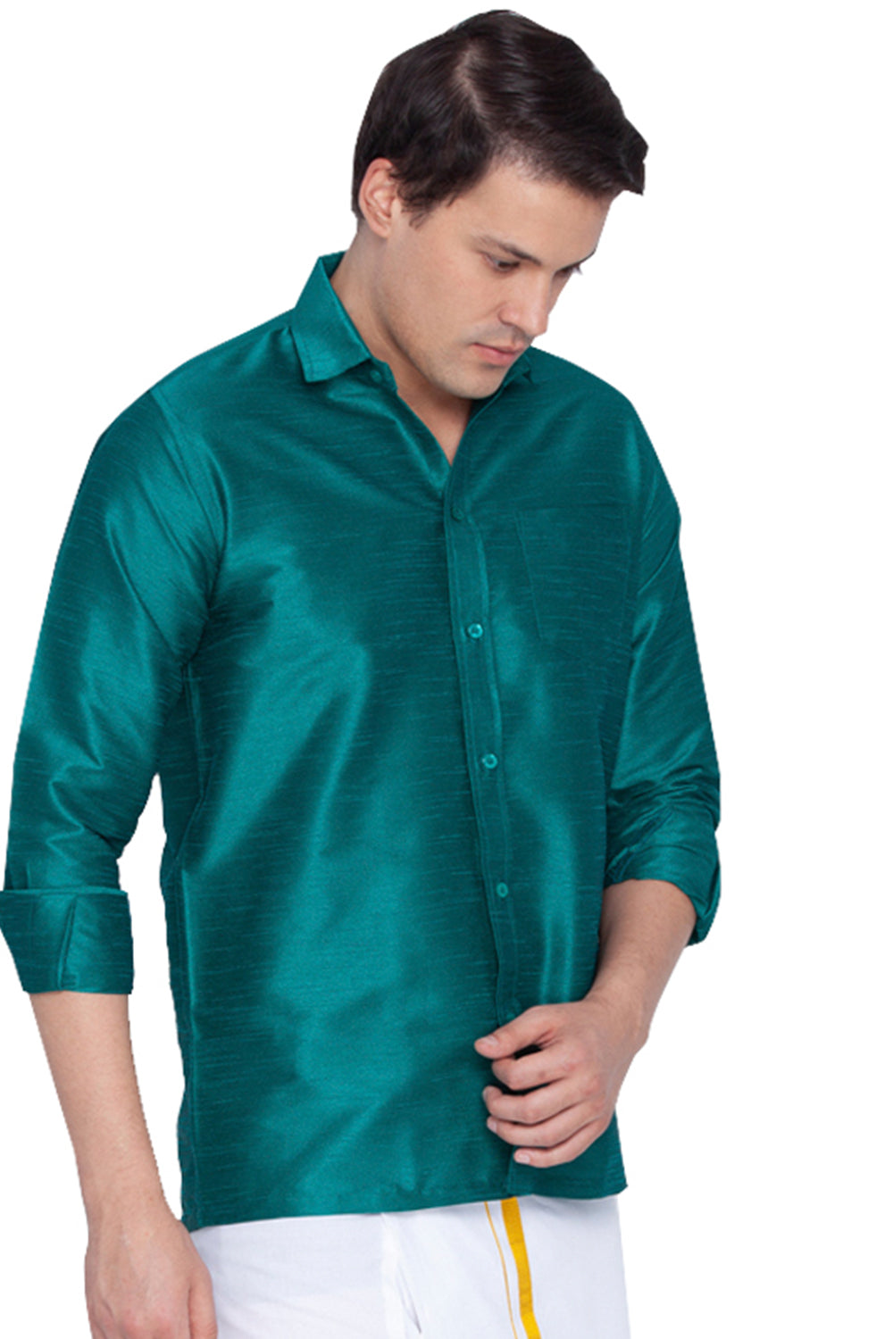 Men's Blue Silk Blend Straight Ethnic Shirt