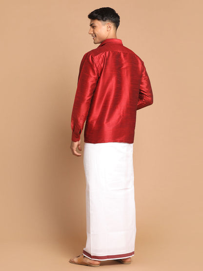 Men's Maroon Silk Blend Straight Shirt And Mundu