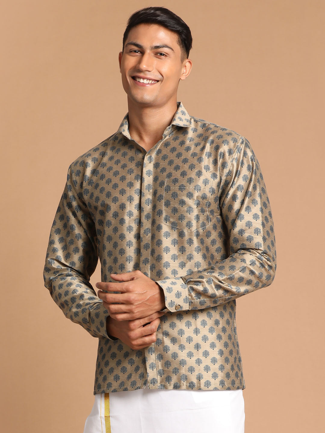 Men's Brown Viscose Blend Straight Shirt And Mundu