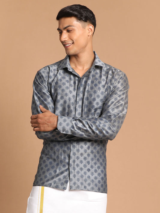 Men's Grey Viscose Blend Straight Shirt And Mundu
