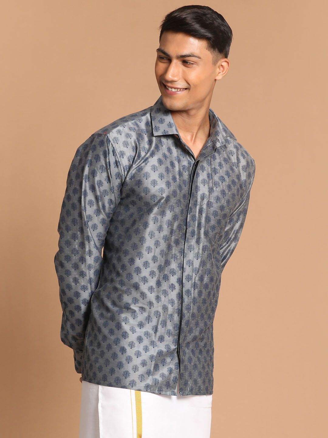 Men's Grey Viscose Blend Straight Shirt And Mundu