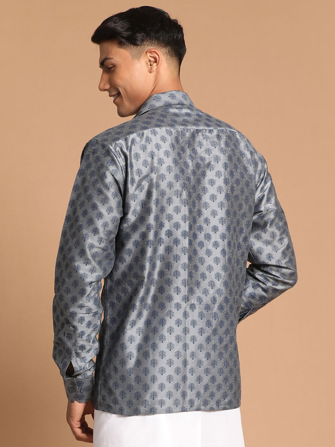 Men's Grey Viscose Blend Straight Shirt And Mundu