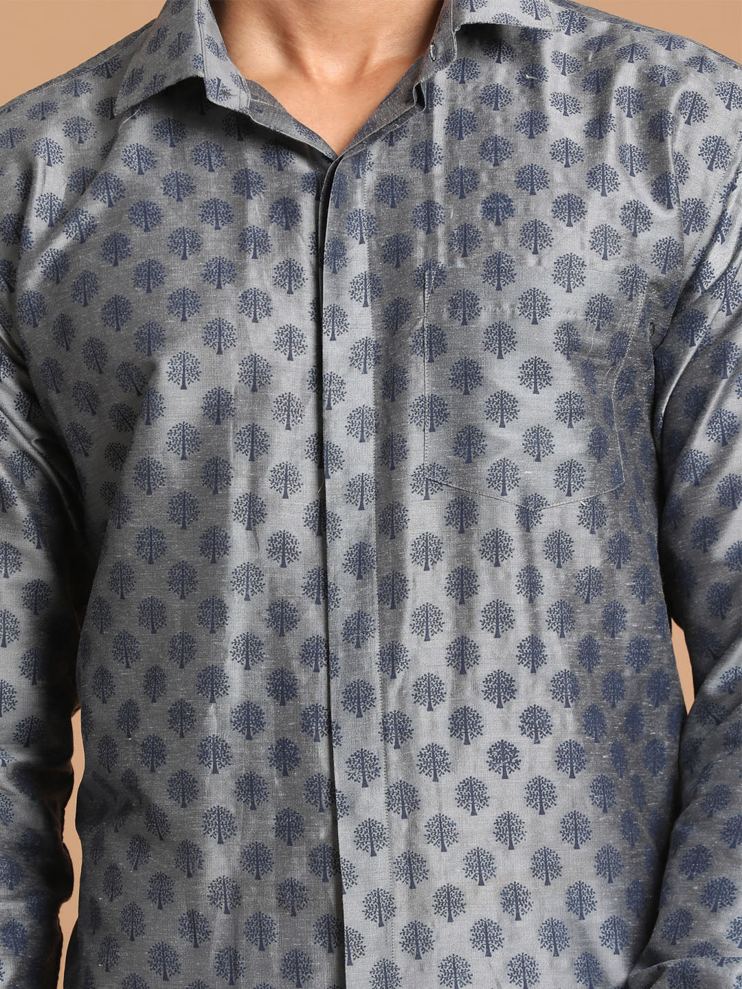 Men's Grey Viscose Blend Straight Shirt And Mundu