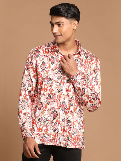 Men's MulticoloredBaseCream Satin Straight Ethnic Shirt