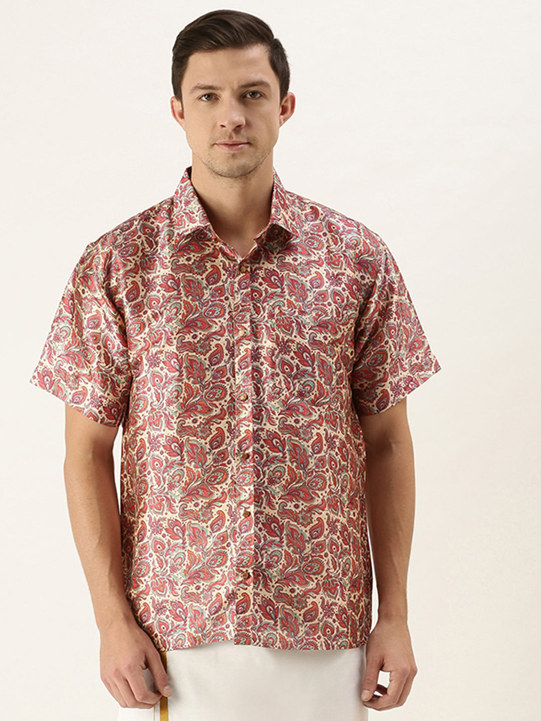 Men's MulticolorBasePink Silk Blend Straight Shirt And Mundu