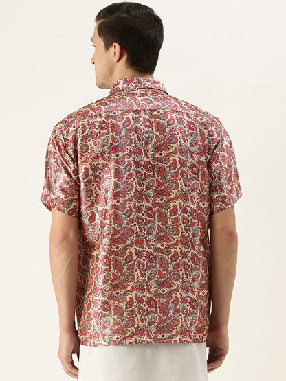 Men's MulticolorBasePink Silk Blend Straight Shirt And Mundu