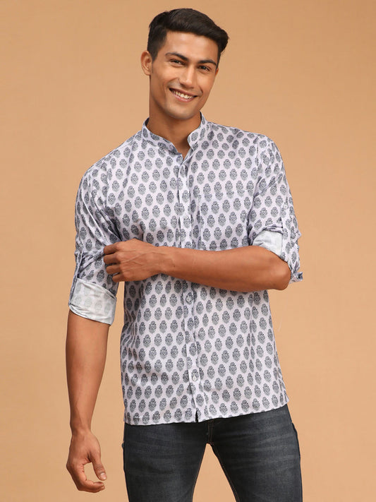 Men's Grey Cotton Blend Straight Ethnic Shirt