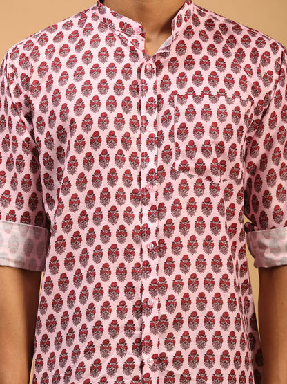 Men's Pink Muslin Straight Ethnic Shirt