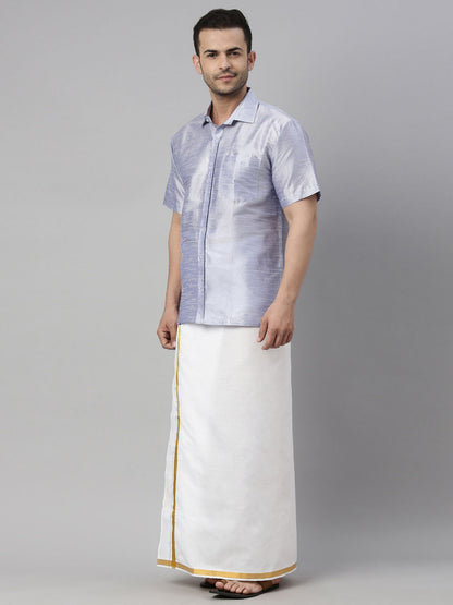 Men's Lavender Silk Blend Straight Shirt And Mundu