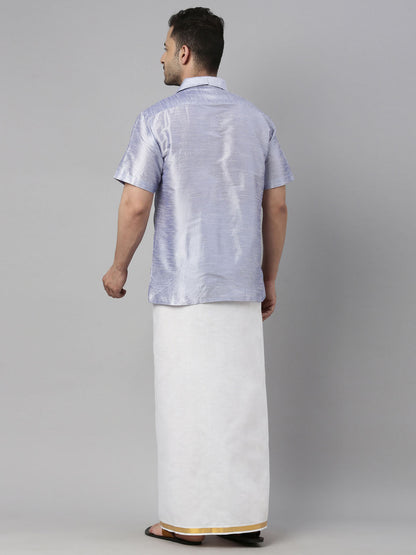 Men's Lavender Silk Blend Straight Shirt And Mundu