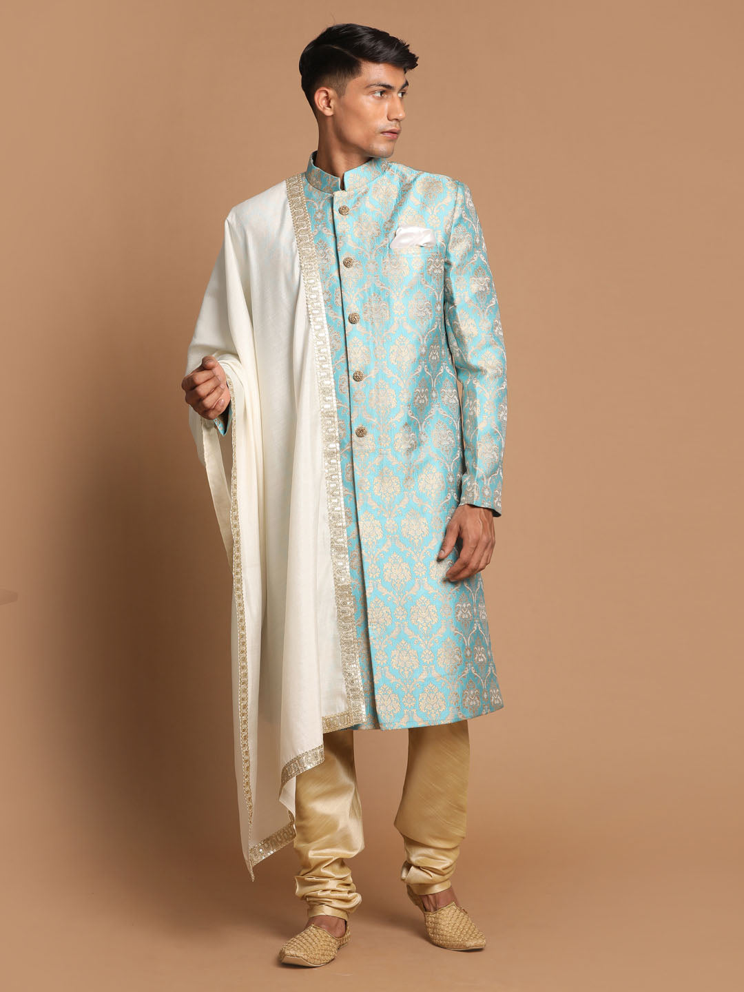 Men's Aqua Silk Blend Straight Sherwani Set