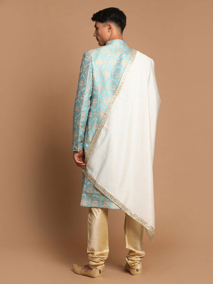 Men's Aqua Silk Blend Straight Sherwani Set