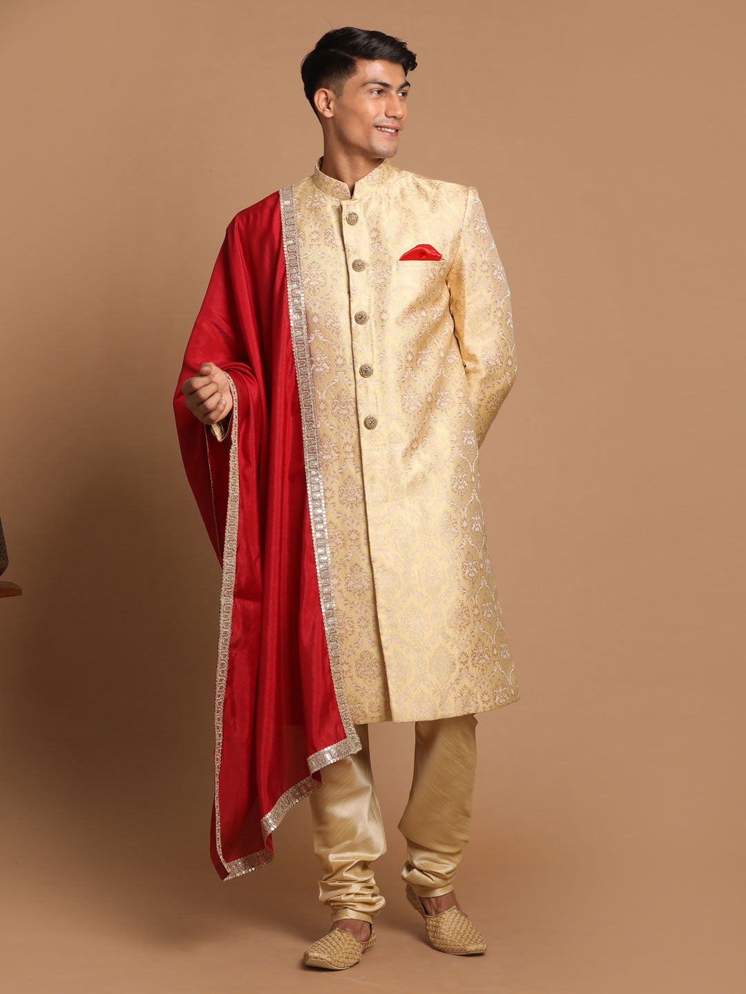 Men's Gold Silk Blend Straight Sherwani Set