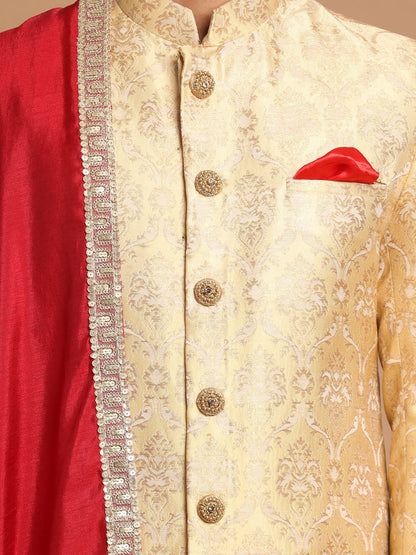 Men's Gold Silk Blend Straight Sherwani Set
