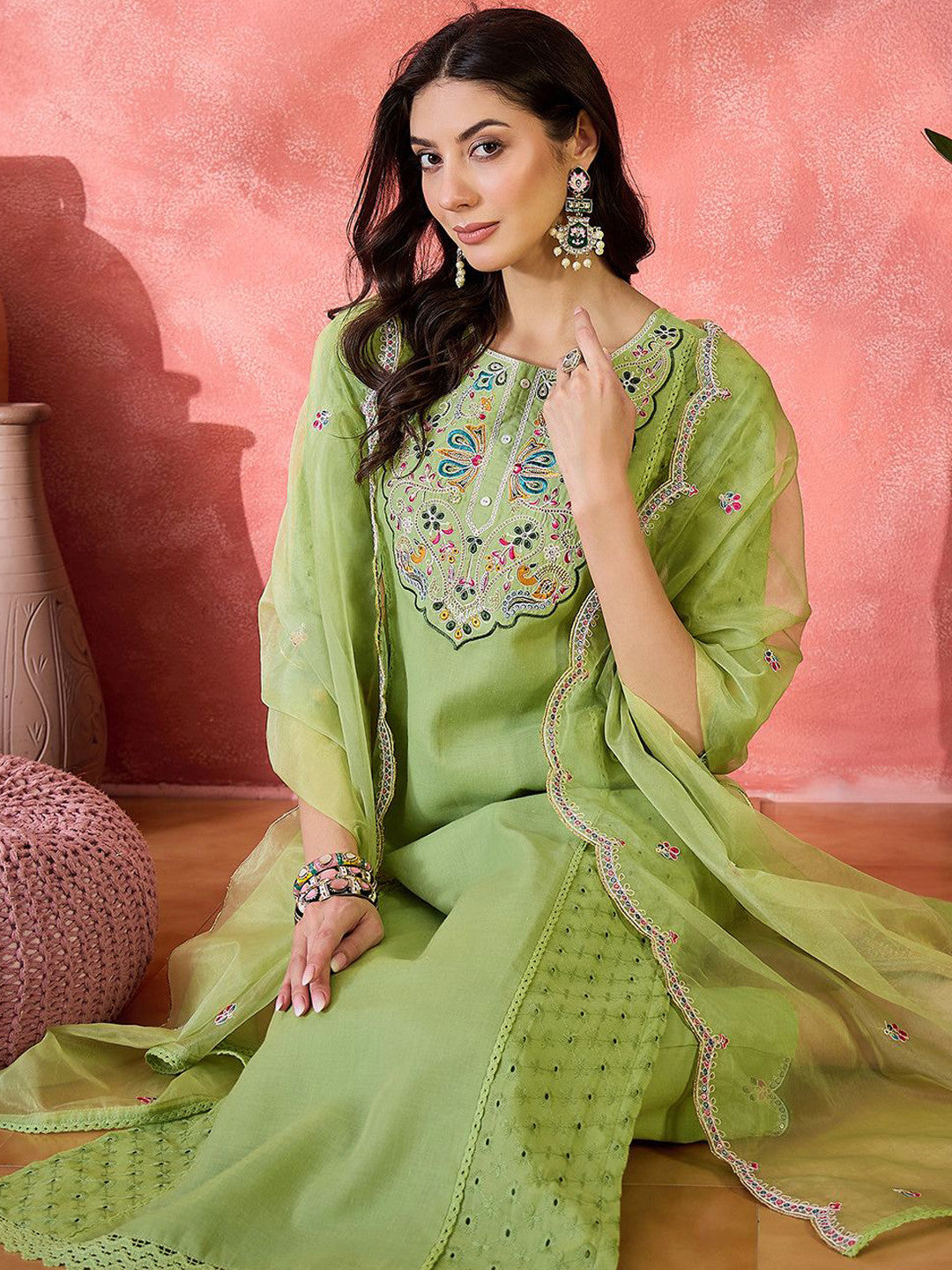 Dhiyona SN Women Ethnic Embroidered Straight Kurta & Trousers With Dupatta