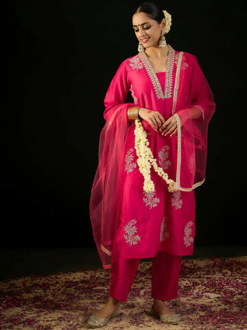 Women's Magenta Embroidered Straight Kurta Trousers With Dupatta set